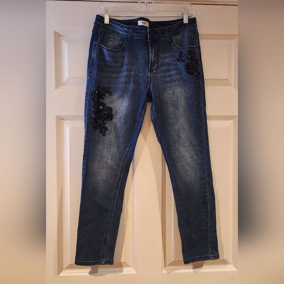 Kensie Jeans stretchy mid rise cropped skinny jeans with sequin detail sz 10/30 - Picture 1 of 7